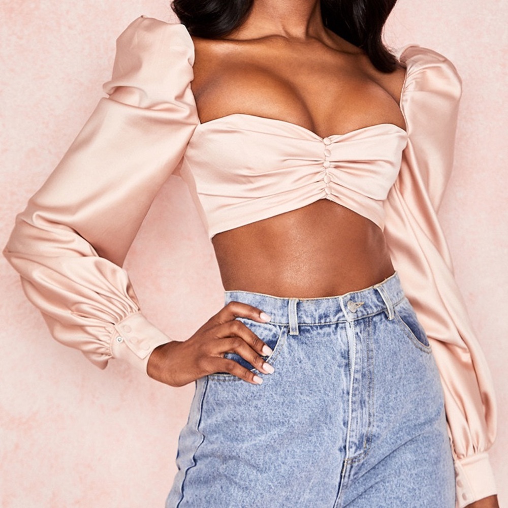 NWT HOUSE OF CB JANA BLUSH SATIN PUFF SLEEVE BRALETTE